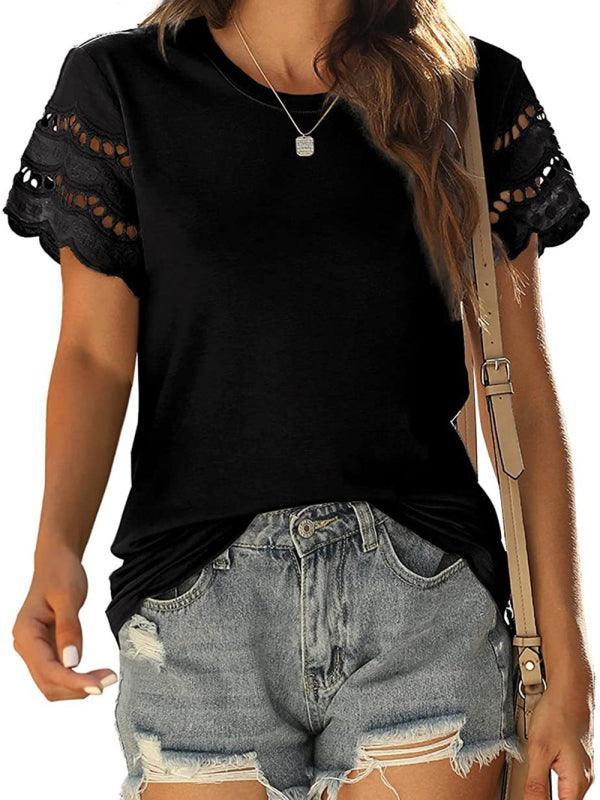 Solid Lace Knit Shirt - Short Sleeve Women's Top