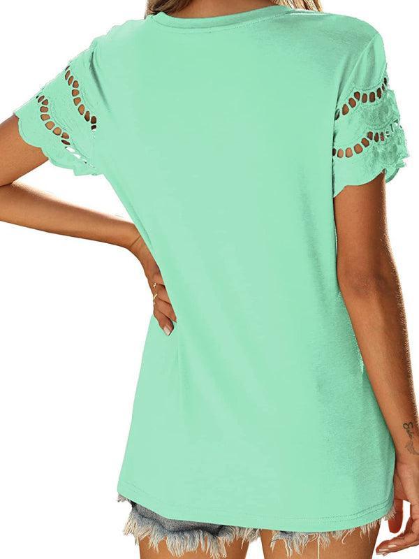 Solid Lace Knit Shirt - Short Sleeve Women's Top