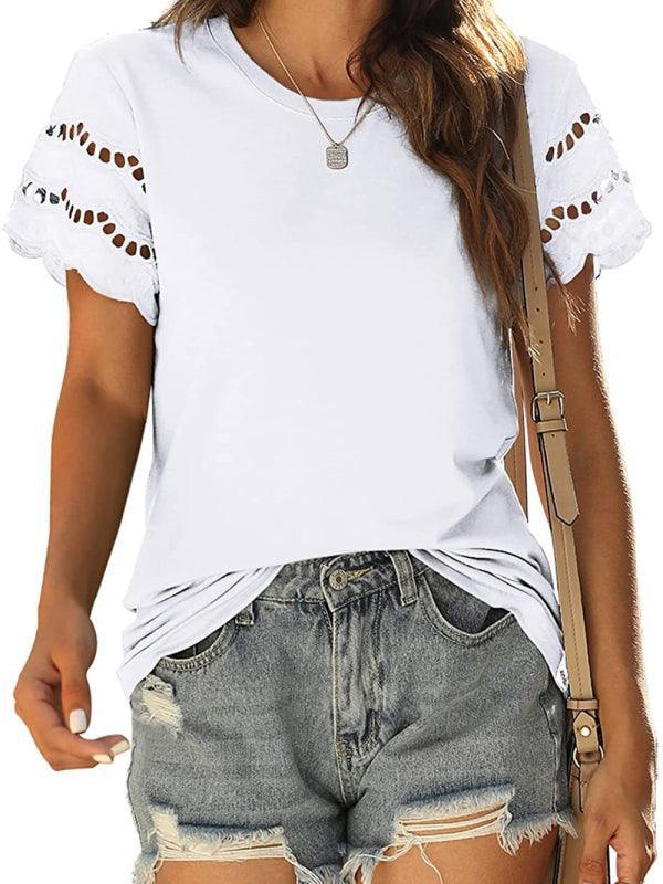 Solid Lace Knit Shirt - Short Sleeve Women's Top