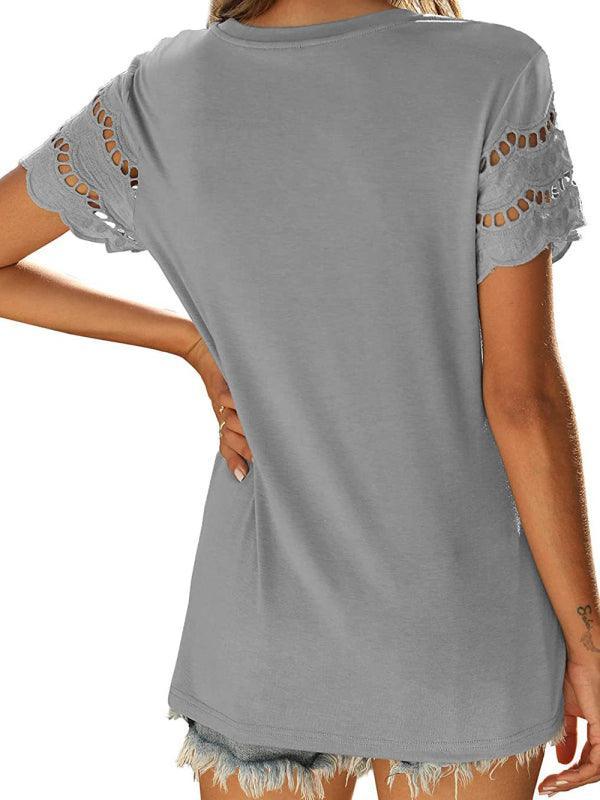 Solid Lace Knit Shirt - Short Sleeve Women's Top