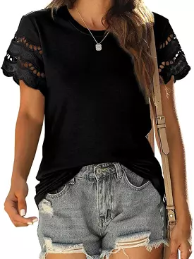 Solid Lace Knit Shirt - Short Sleeve Women's Top