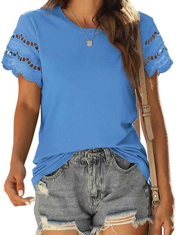 Solid Lace Knit Shirt - Short Sleeve Women's Top