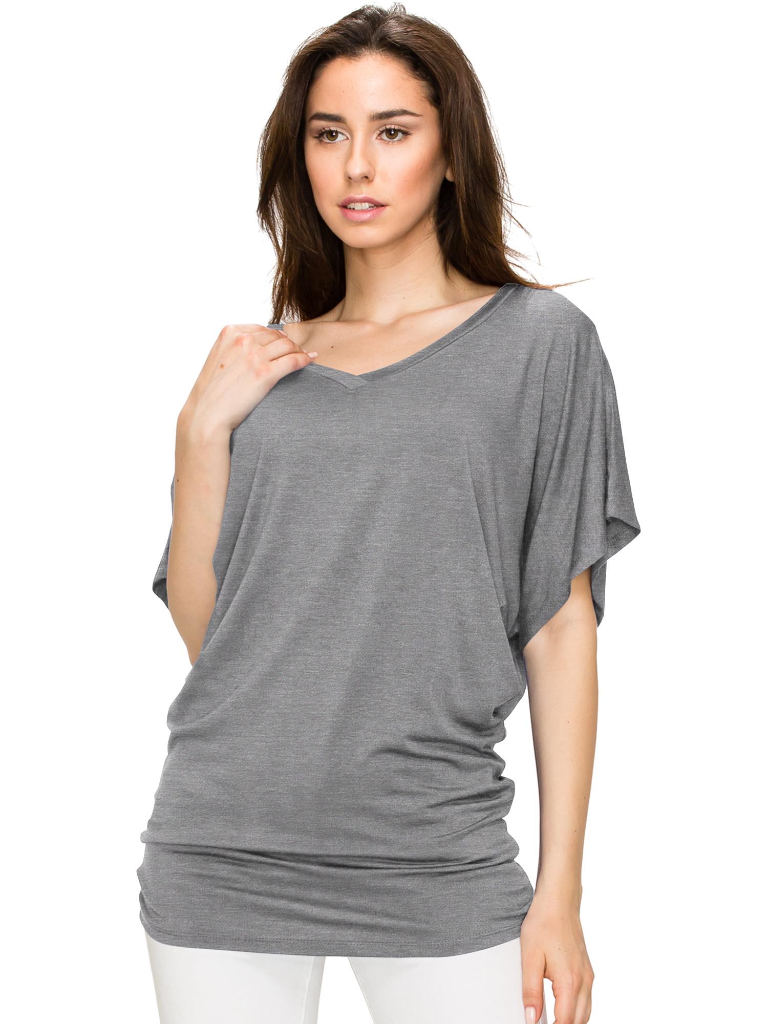 Solid Short Sleeve V Neck Dolman Top for Women