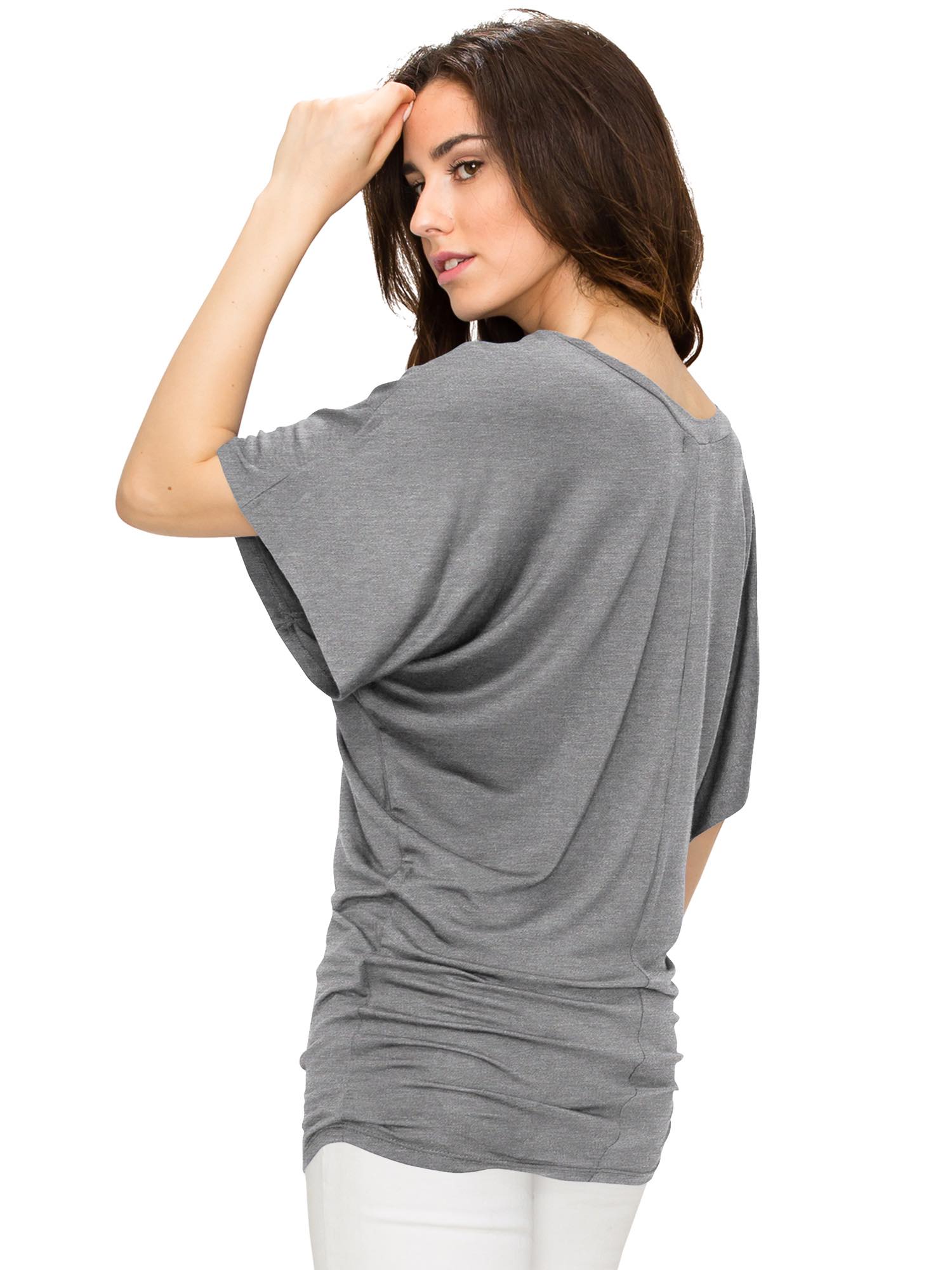 Solid Short Sleeve V Neck Dolman Top for Women