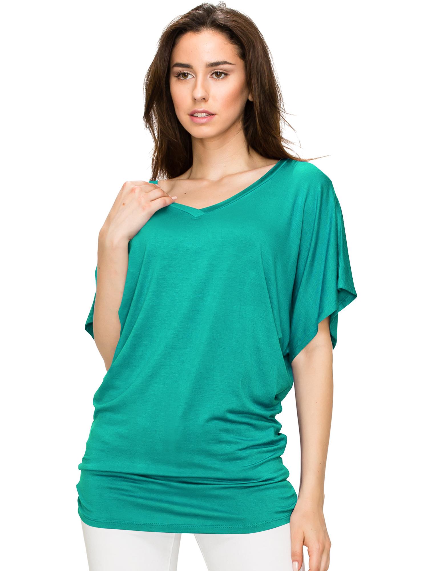 Solid Short Sleeve V Neck Dolman Top for Women