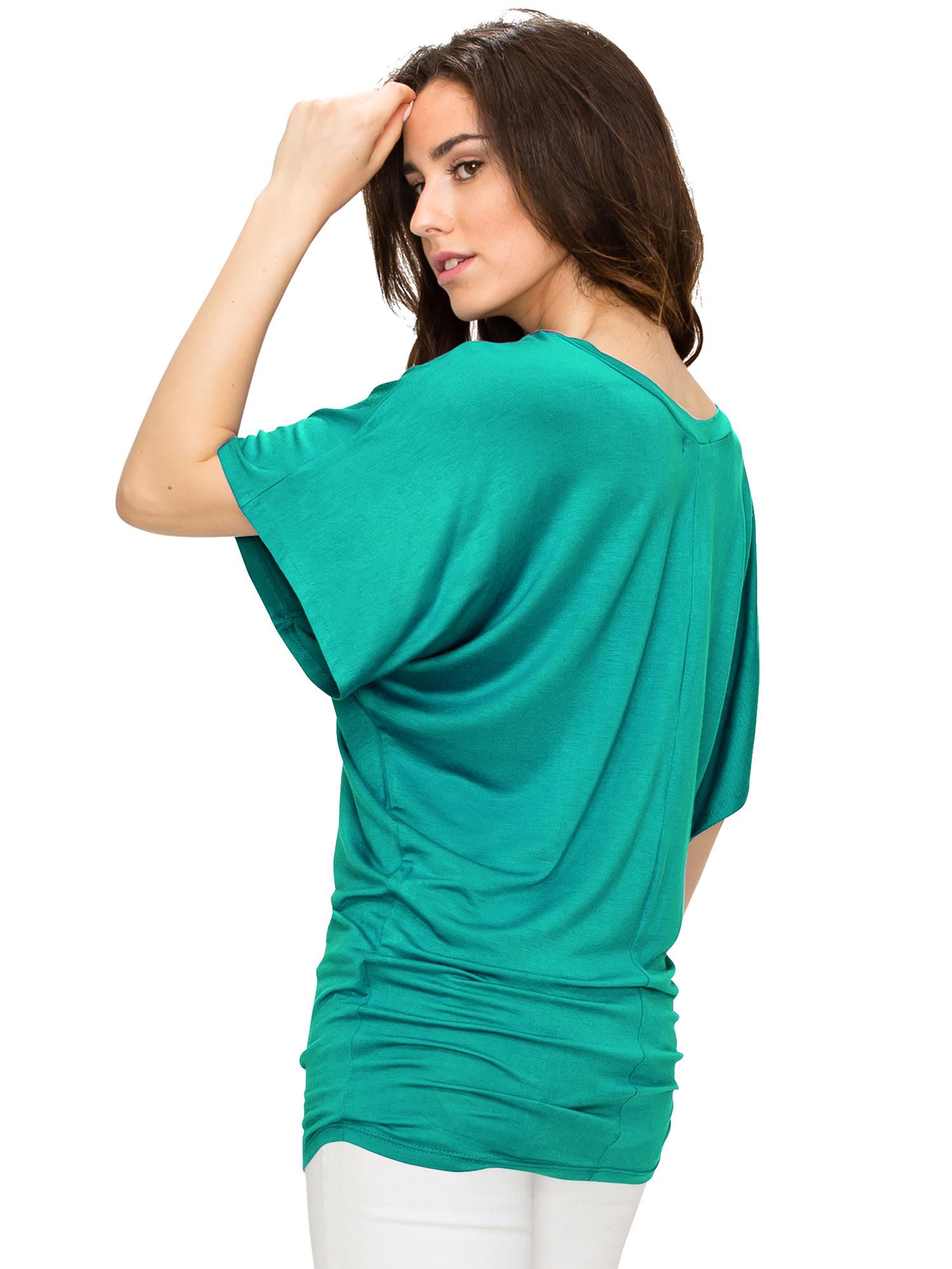 Solid Short Sleeve V Neck Dolman Top for Women