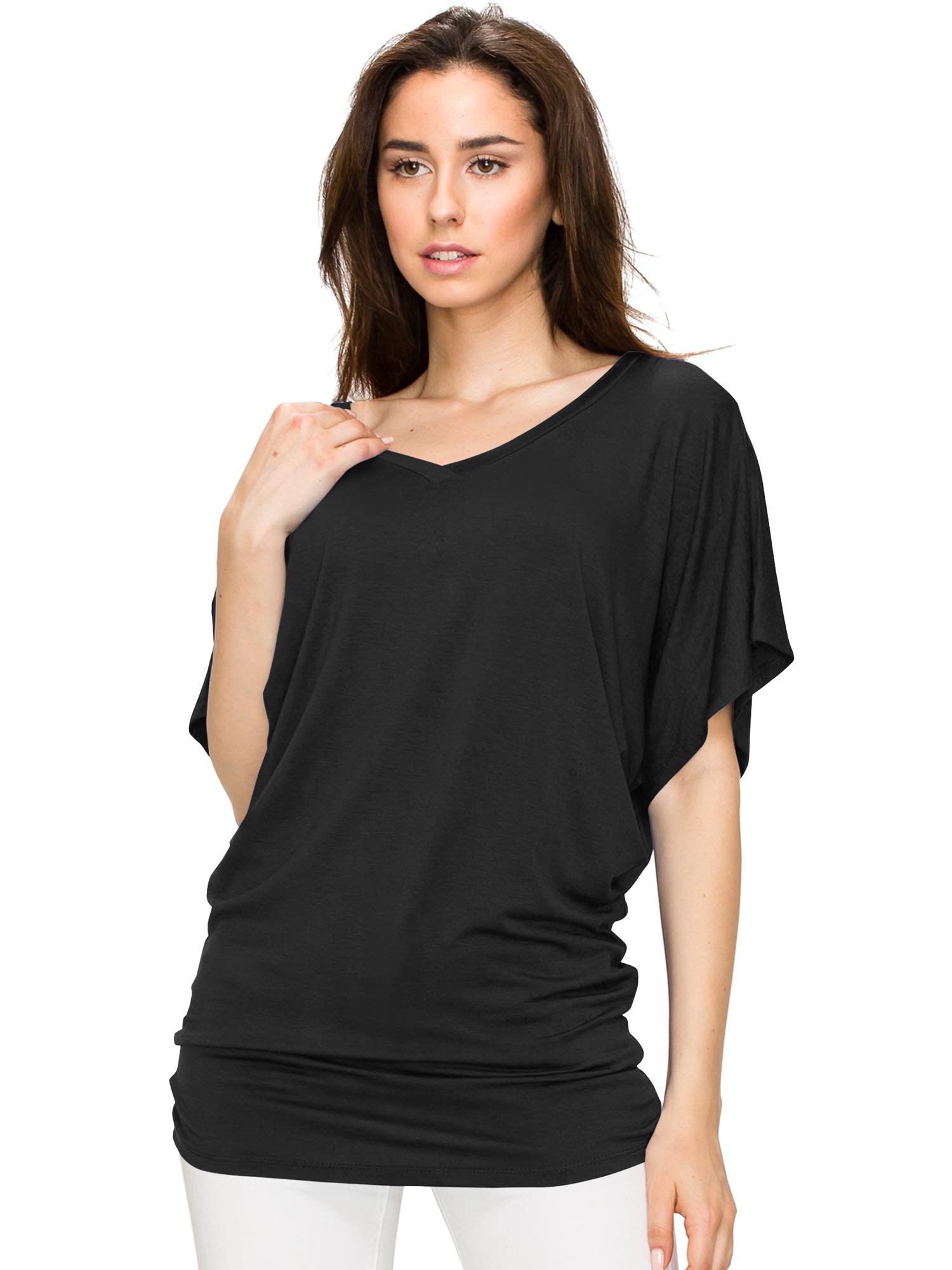 Solid Short Sleeve V Neck Dolman Top for Women