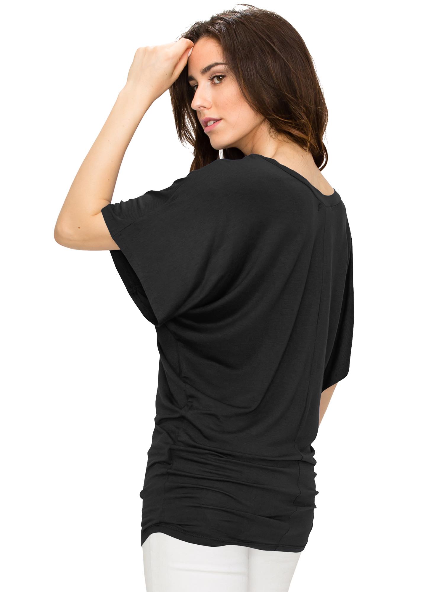 Solid Short Sleeve V Neck Dolman Top for Women