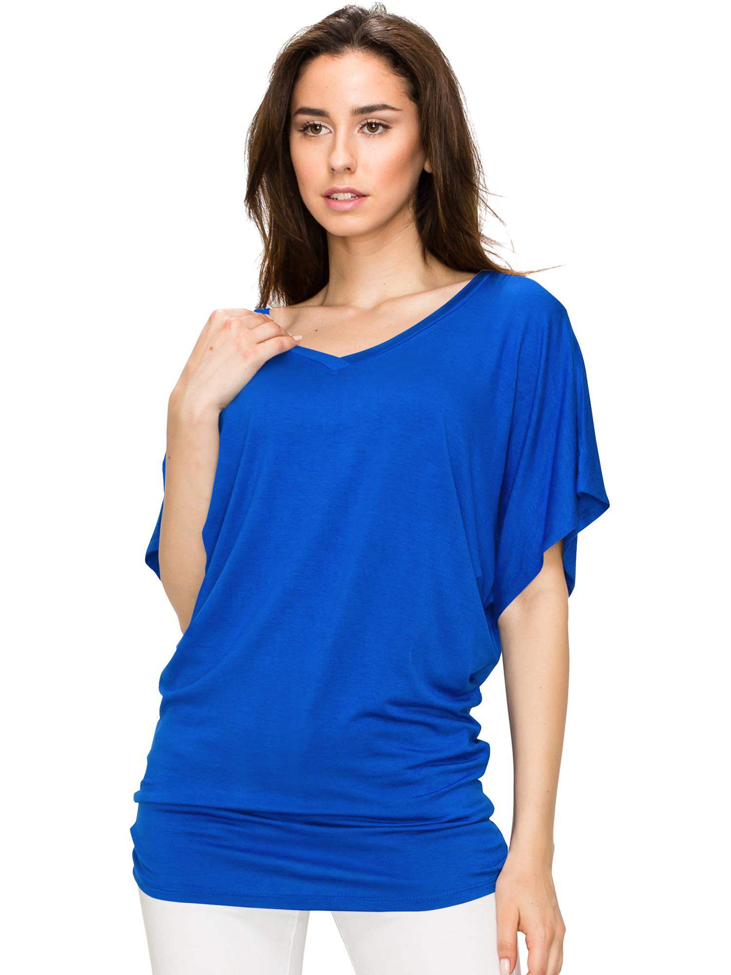 Solid Short Sleeve V Neck Dolman Top for Women