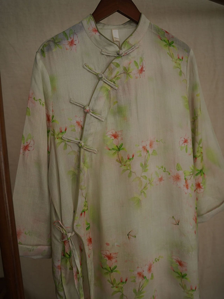 Spring Floral Strap Ramie Robe Dress for Women SC1052