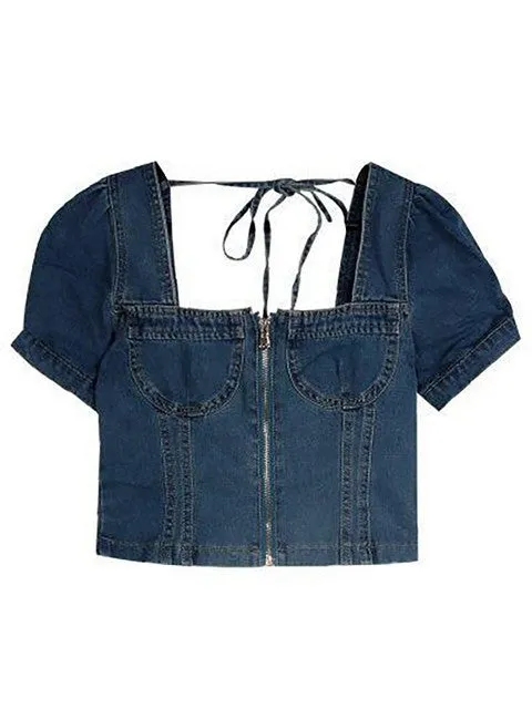 Vintage Denim Blouse Women's Short Sleeve Square Collar Zipper Top