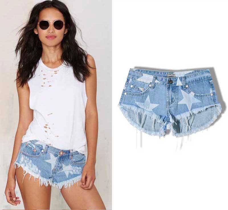 Star Print Denim Shorts with Tassels