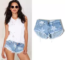 Star Print Denim Shorts with Tassels