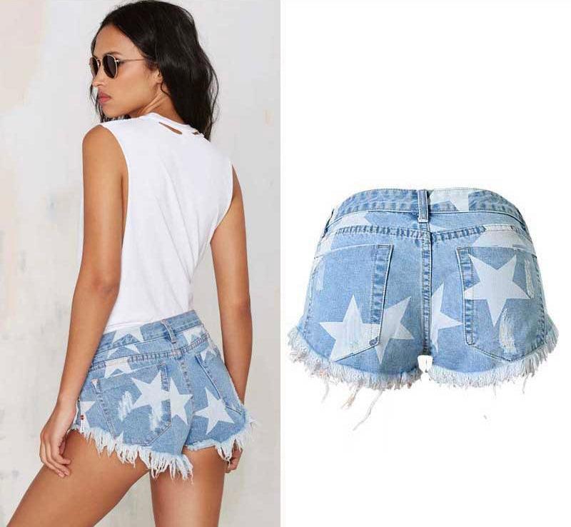 Star Print Denim Shorts with Tassels