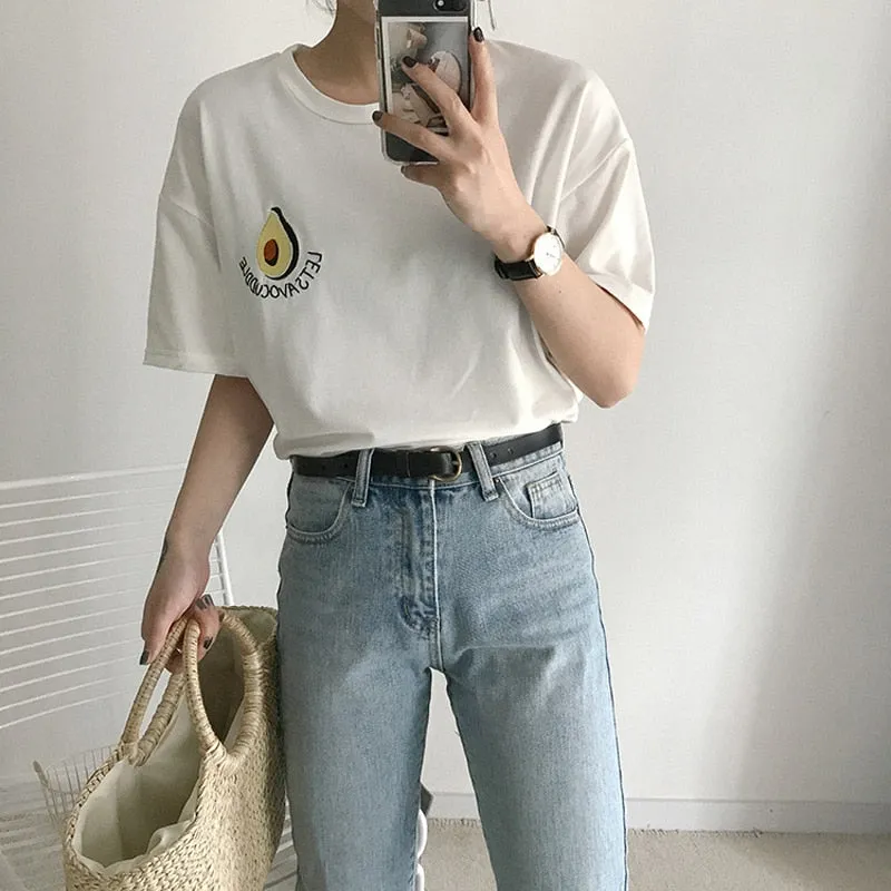 Cute Avocado Embroidery Short Sleeve T-shirt for Women - Summer Style