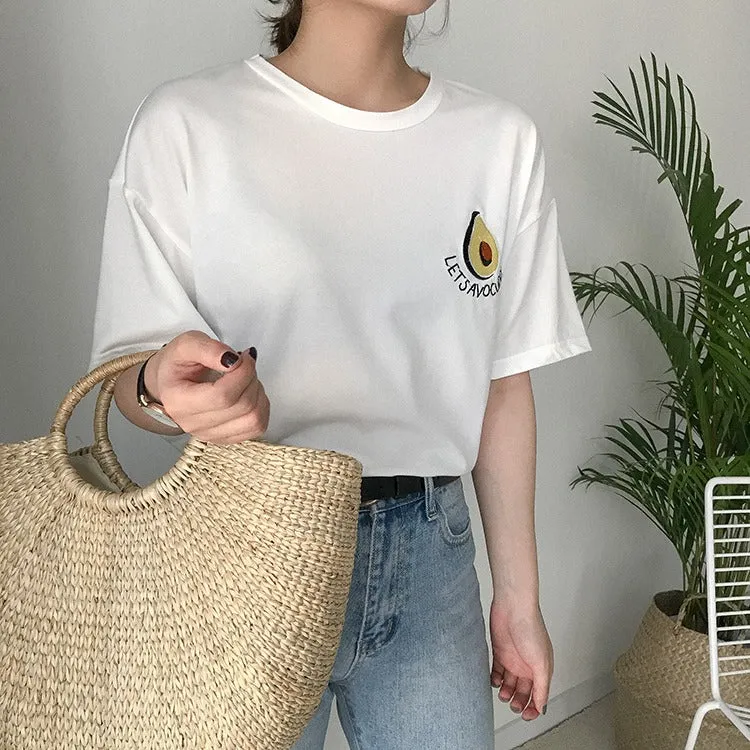 Cute Avocado Embroidery Short Sleeve T-shirt for Women - Summer Style