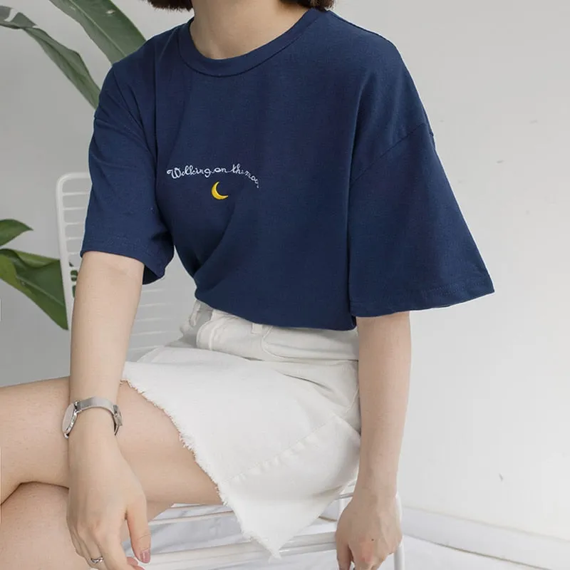 Cute Avocado Embroidery Short Sleeve T-shirt for Women - Summer Style