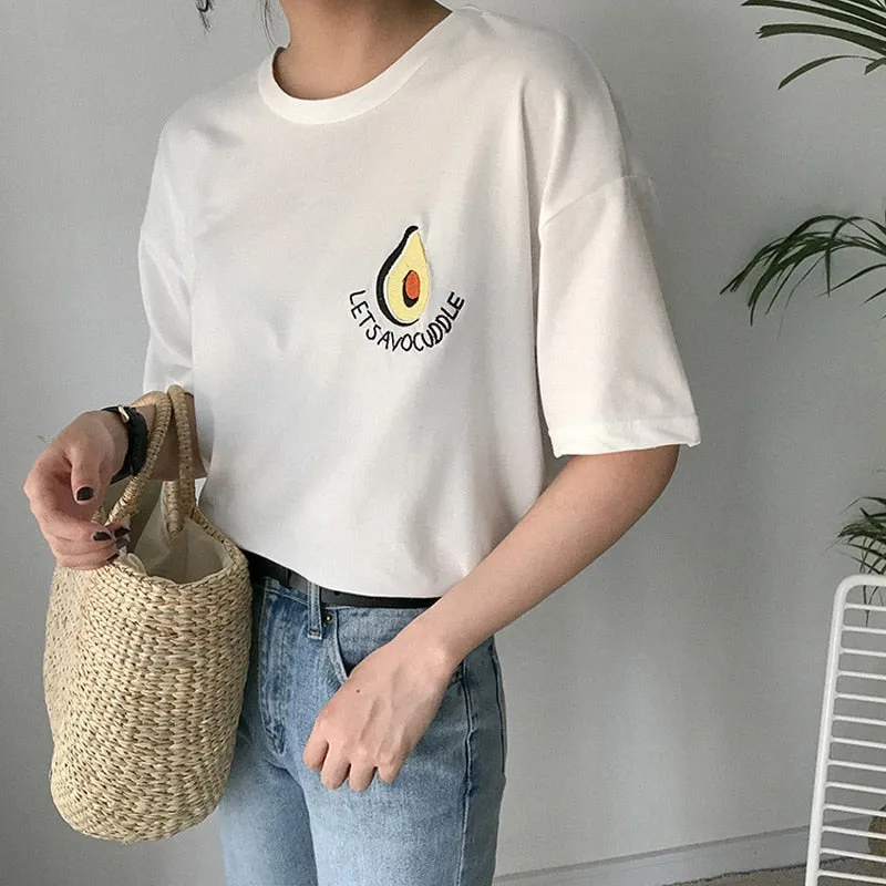 Cute Avocado Embroidery Short Sleeve T-shirt for Women - Summer Style