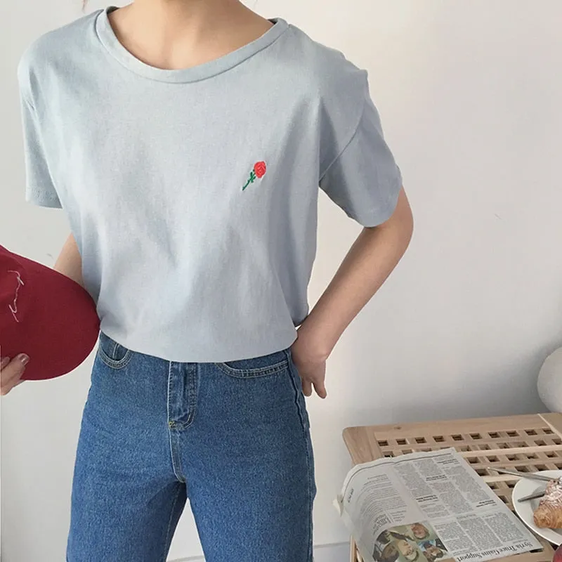 Cute Avocado Embroidery Short Sleeve T-shirt for Women - Summer Style