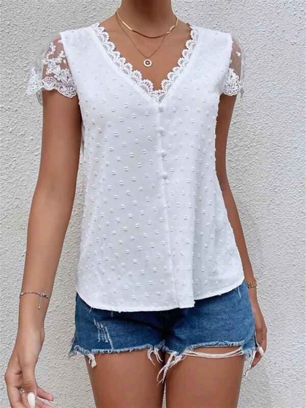 V-Neck Lace Blouse - Women's Fashion