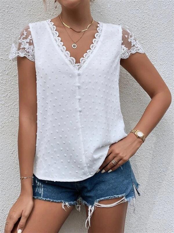 V-Neck Lace Blouse - Women's Fashion