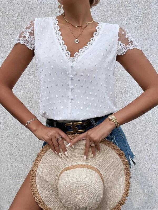 V-Neck Lace Blouse - Women's Fashion