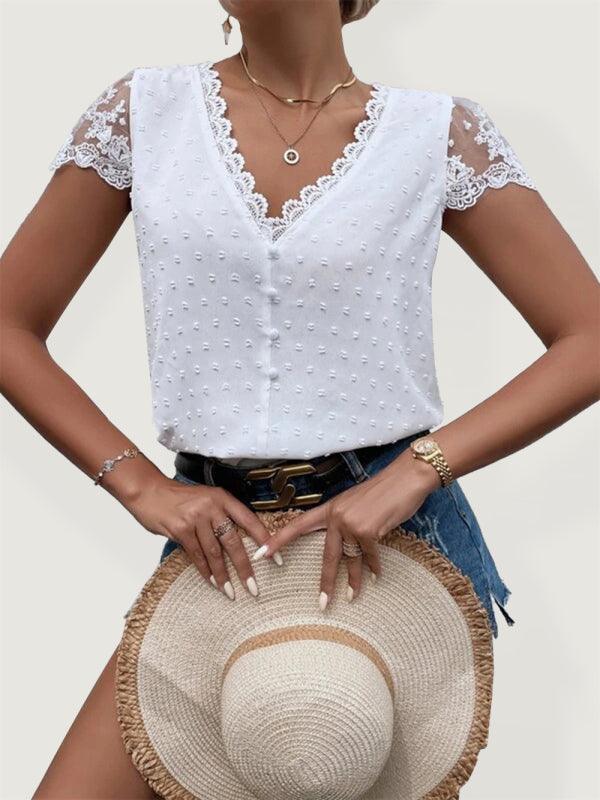 V-Neck Lace Blouse - Women's Fashion