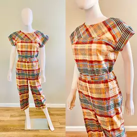 Vintage 1970s Madras Plaid Side Button Capri and Blouse Set | 70s 1950s-style Cotton Pants and Top | Size Small