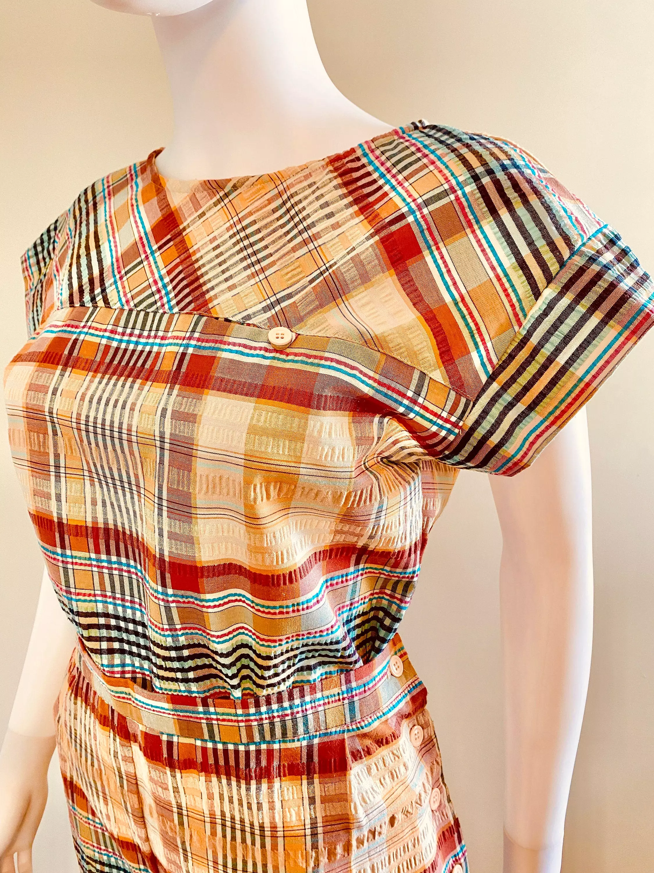 Vintage 1970s Madras Plaid Side Button Capri and Blouse Set | 70s 1950s-style Cotton Pants and Top | Size Small