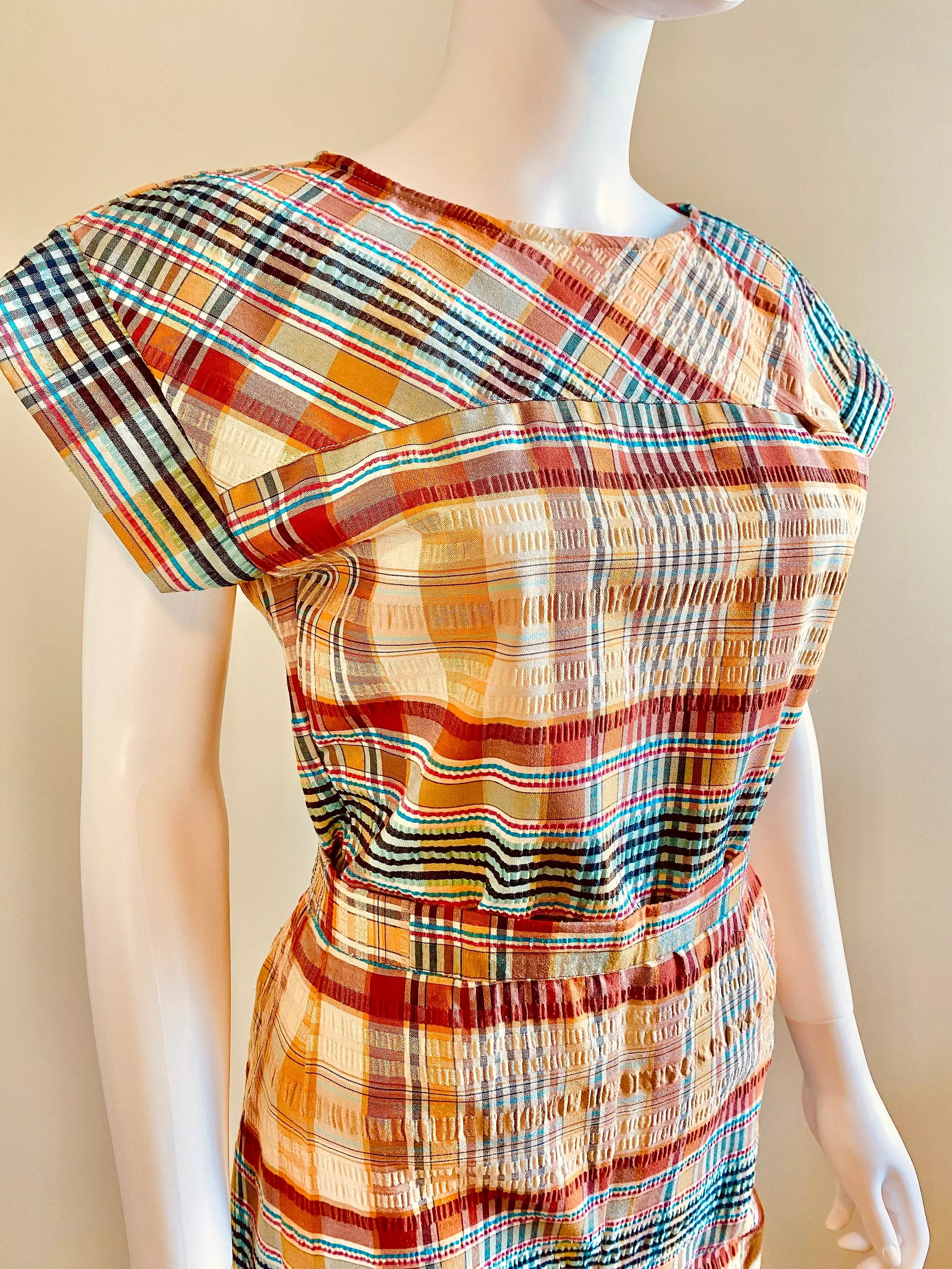 Vintage 1970s Madras Plaid Side Button Capri and Blouse Set | 70s 1950s-style Cotton Pants and Top | Size Small