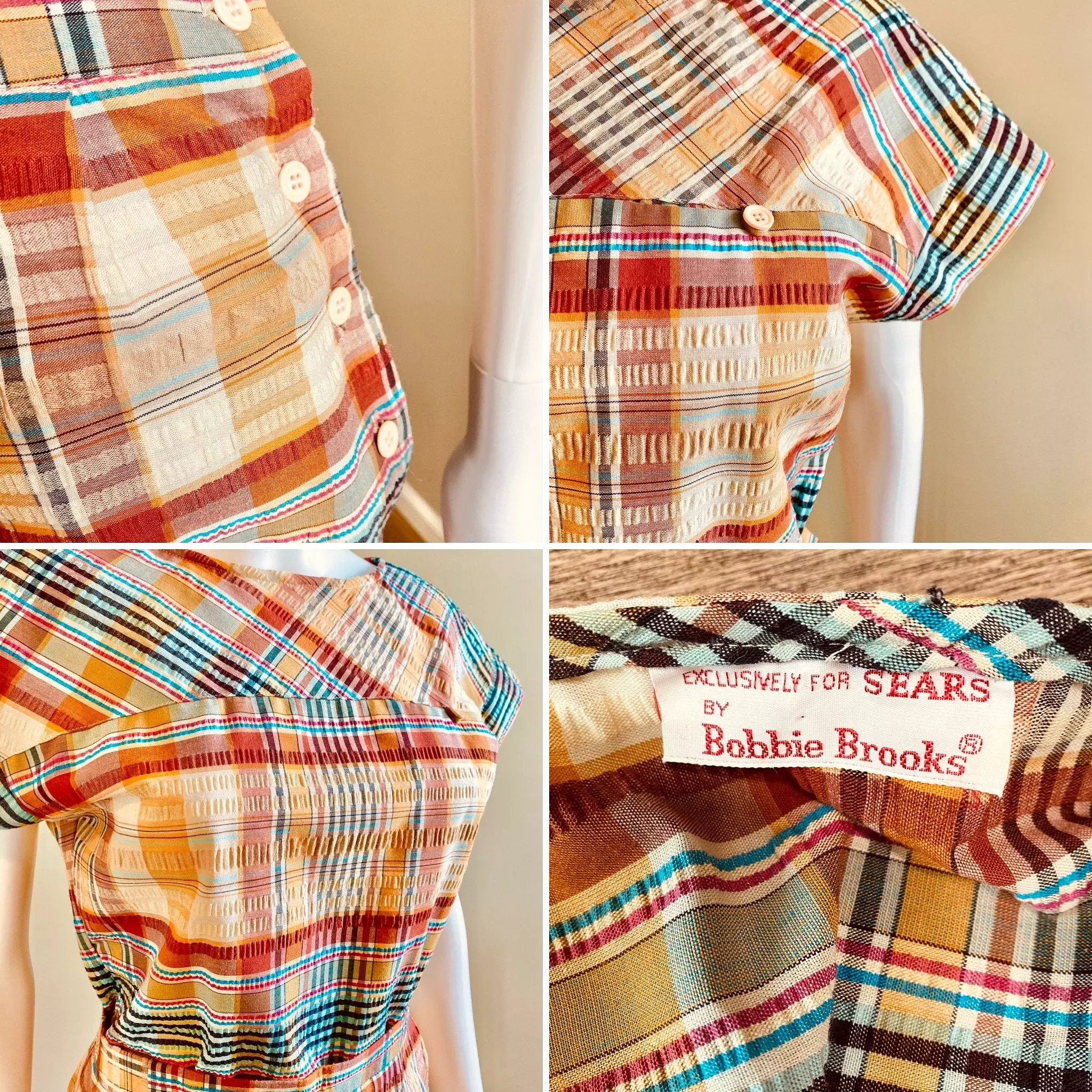 Vintage 1970s Madras Plaid Side Button Capri and Blouse Set | 70s 1950s-style Cotton Pants and Top | Size Small