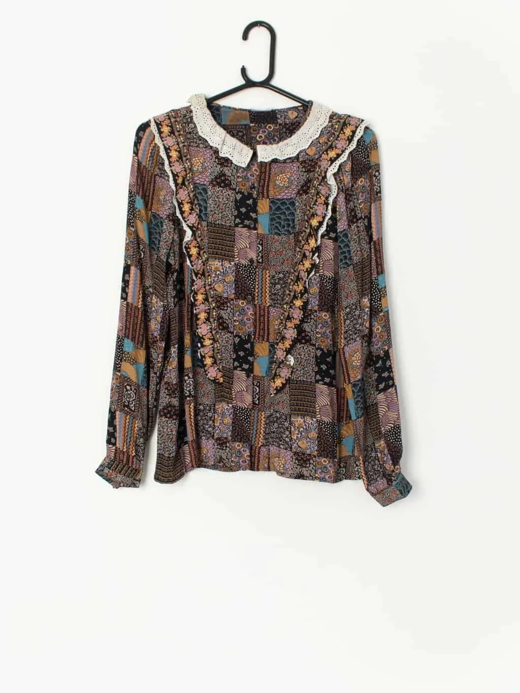 Vintage Patchwork Print Blouse with Ruffle Collar - Small from the 70s