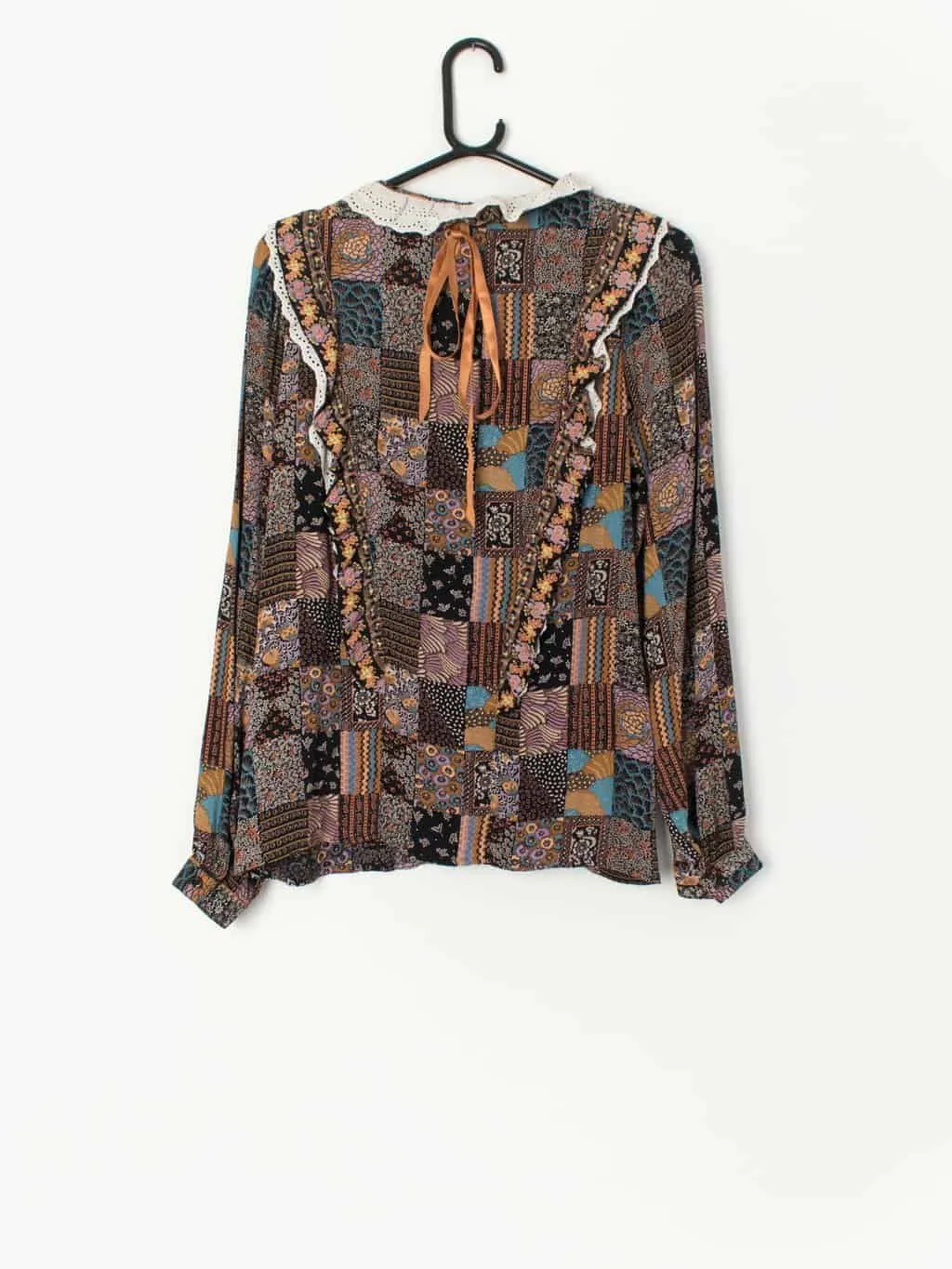 Vintage Patchwork Print Blouse with Ruffle Collar - Small from the 70s