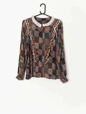 Vintage Patchwork Print Blouse with Ruffle Collar - Small from the 70s