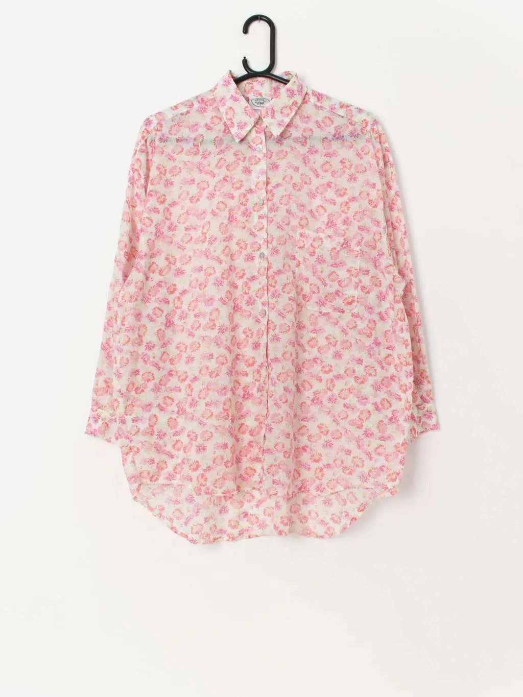 Laura Ashley Pink Floral Semi Sheer Blouse with Shell Buttons - Medium / Large Vintage