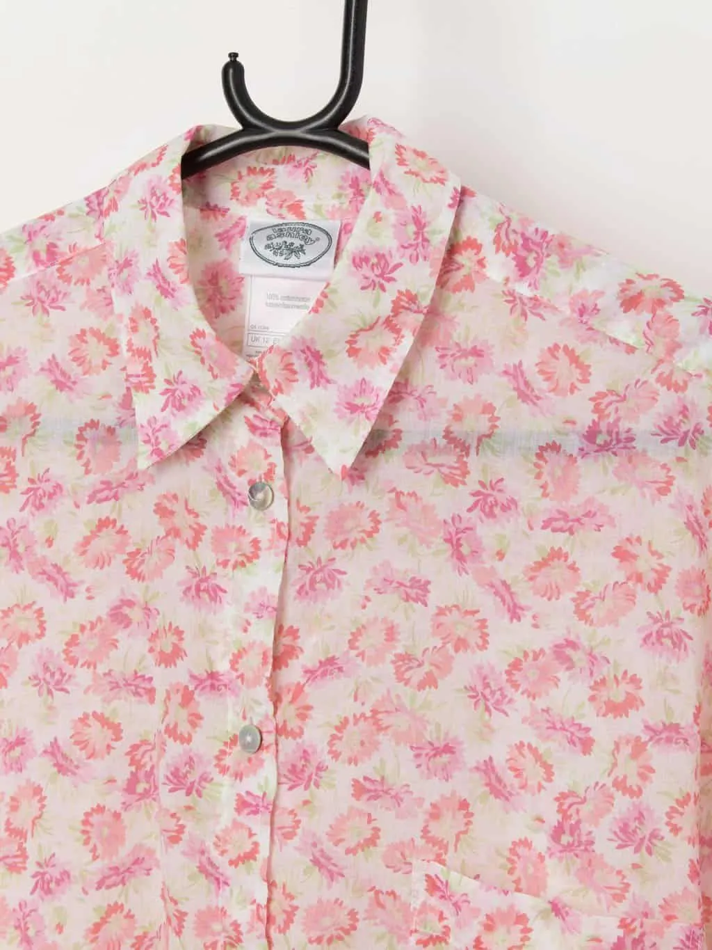 Laura Ashley Pink Floral Semi Sheer Blouse with Shell Buttons - Medium / Large Vintage