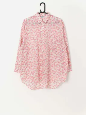 Laura Ashley Pink Floral Semi Sheer Blouse with Shell Buttons - Medium / Large Vintage