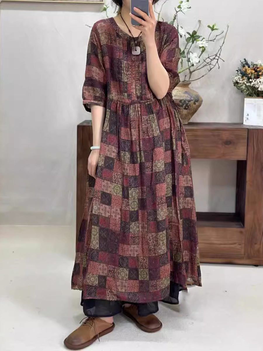 Vintage Summer Floral Plaid Dress for Women - KL1025