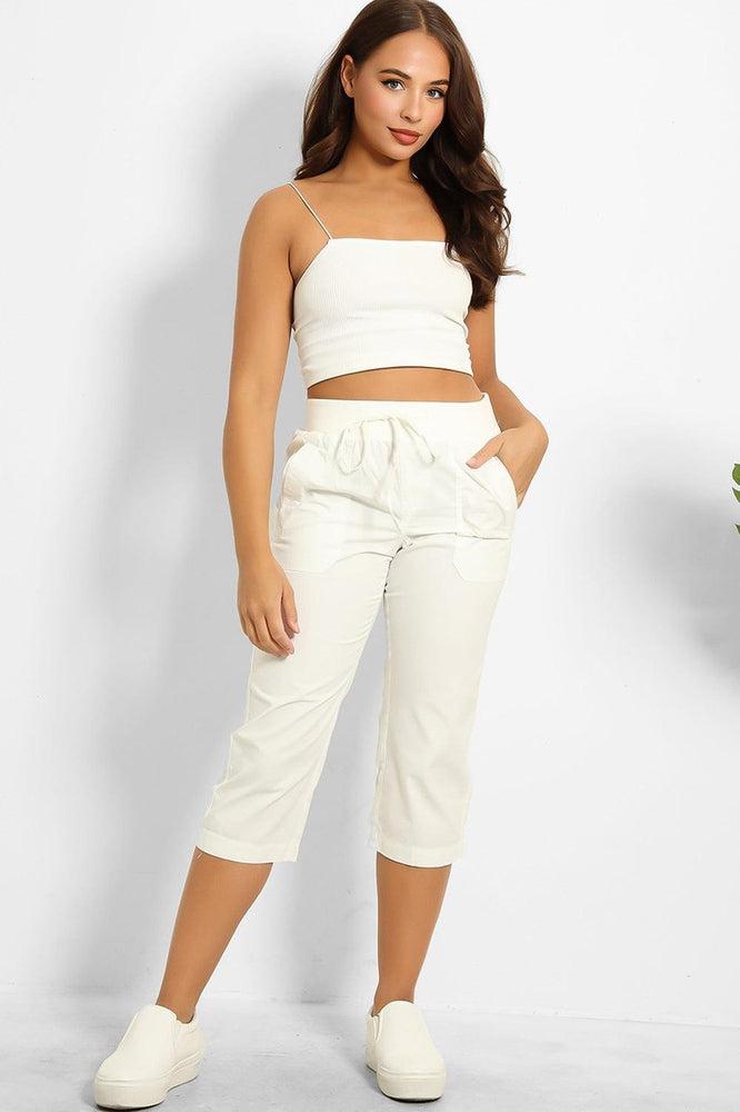 White Cotton Capris with Drawstring Waist in Twill Fabric