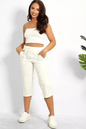 White Cotton Capris with Drawstring Waist in Twill Fabric