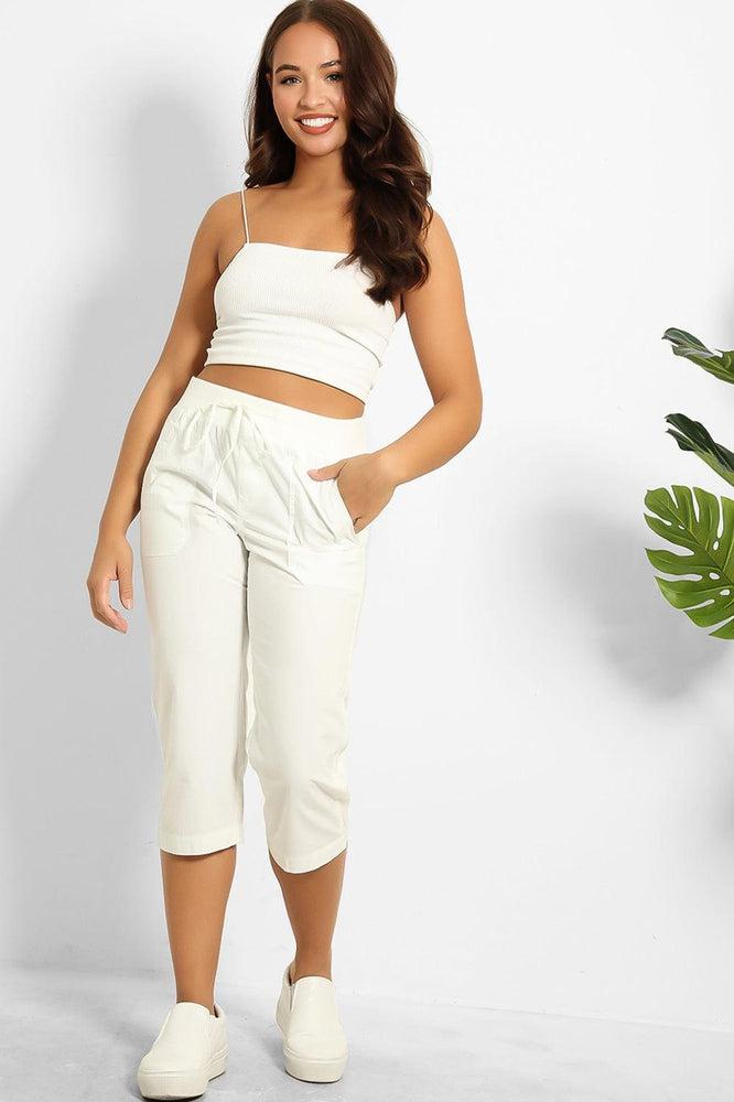 White Cotton Capris with Drawstring Waist in Twill Fabric