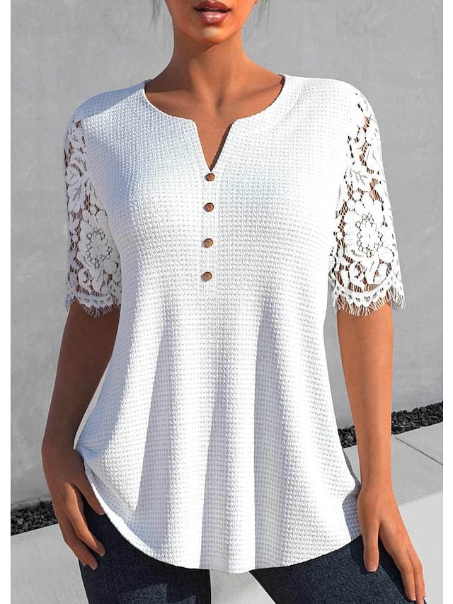 White Green Lace Detail Short Sleeve Casual Blouse