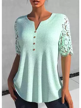 White Green Lace Detail Short Sleeve Casual Blouse