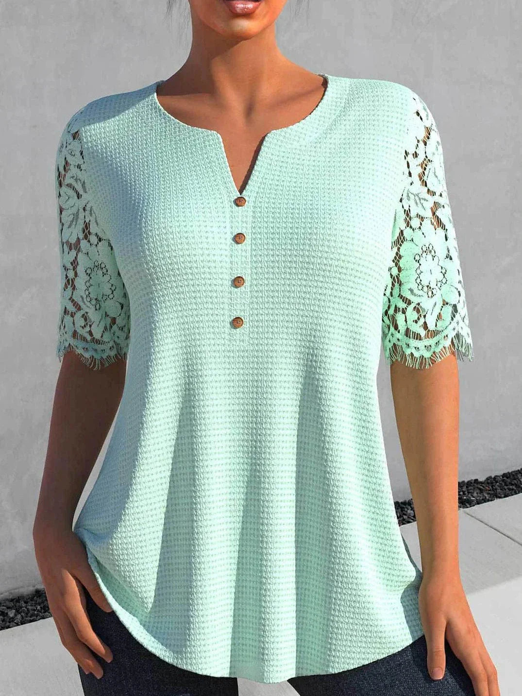 White Green Lace Detail Short Sleeve Casual Blouse