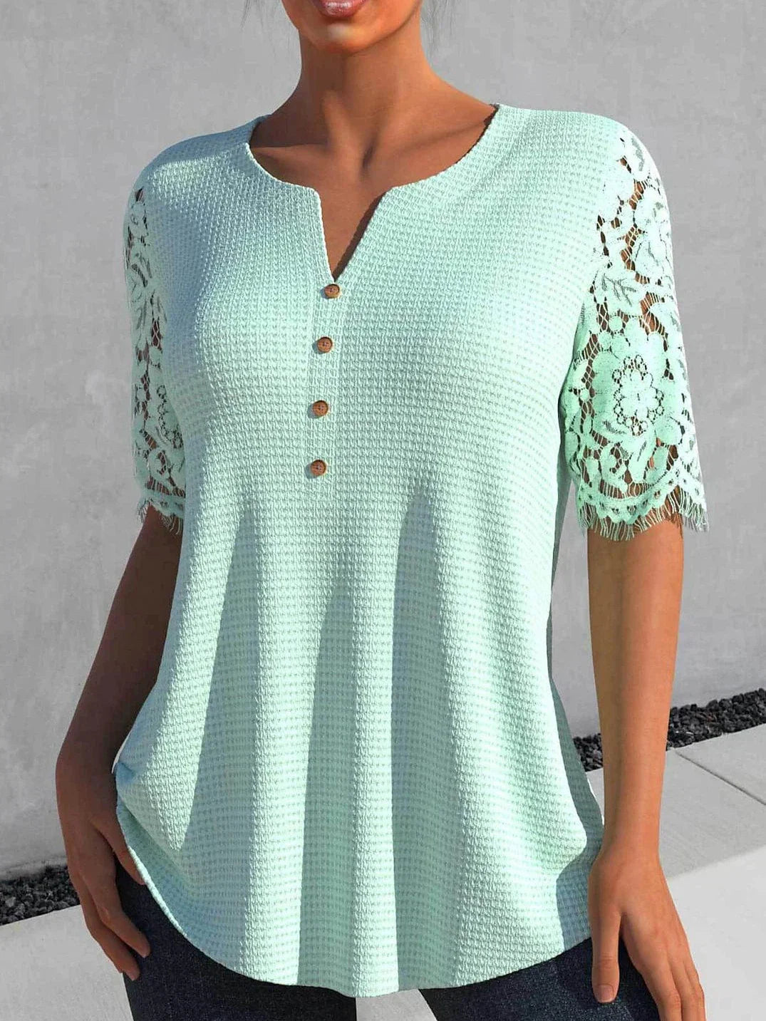 White Green Lace Detail Short Sleeve Casual Blouse