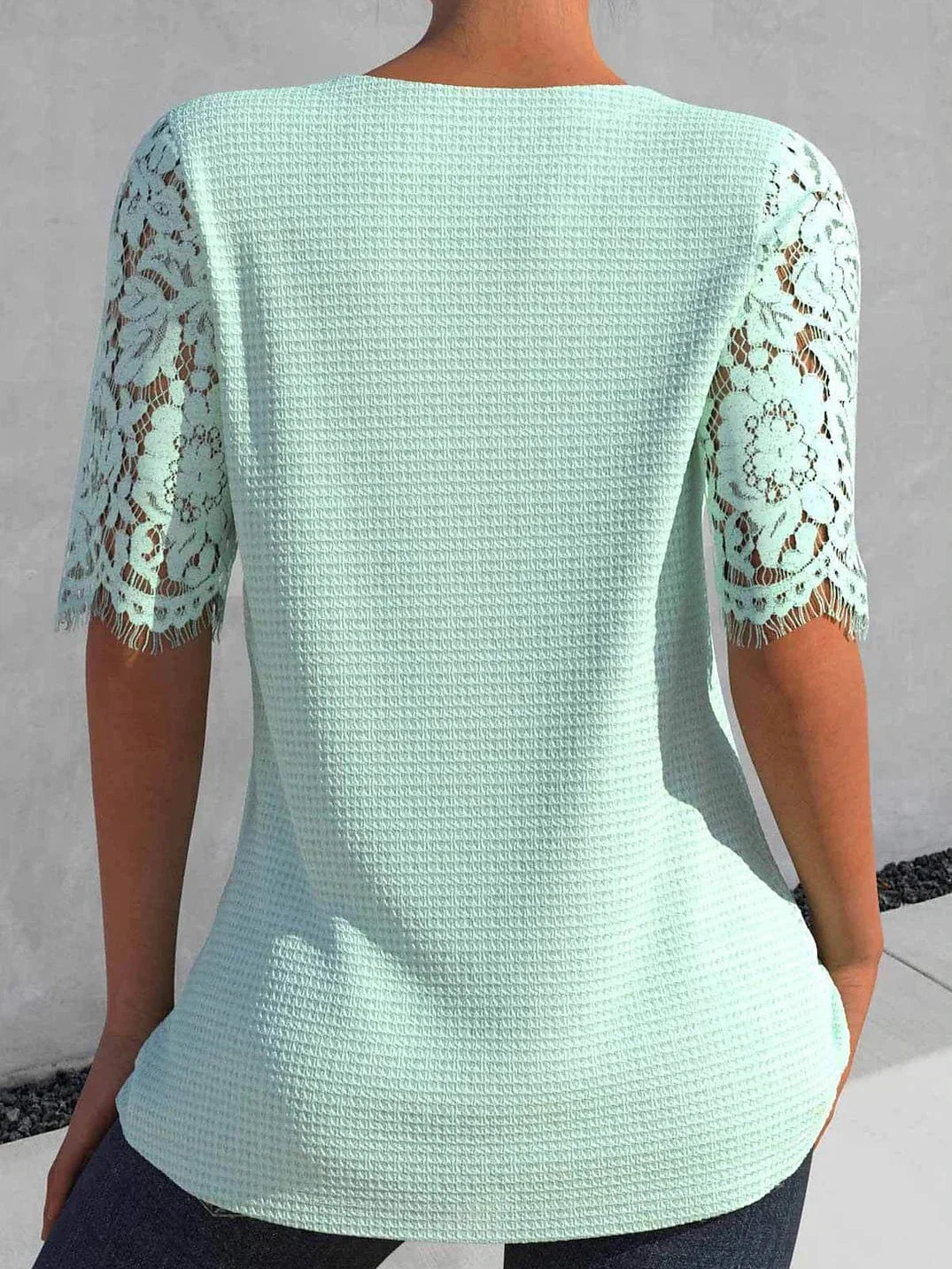 White Green Lace Detail Short Sleeve Casual Blouse