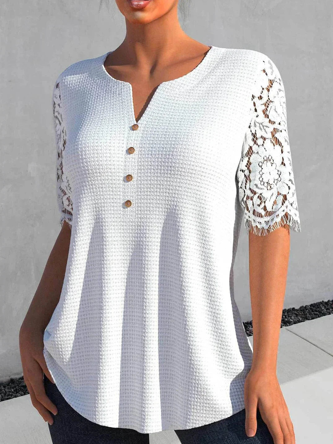 White Green Lace Detail Short Sleeve Casual Blouse