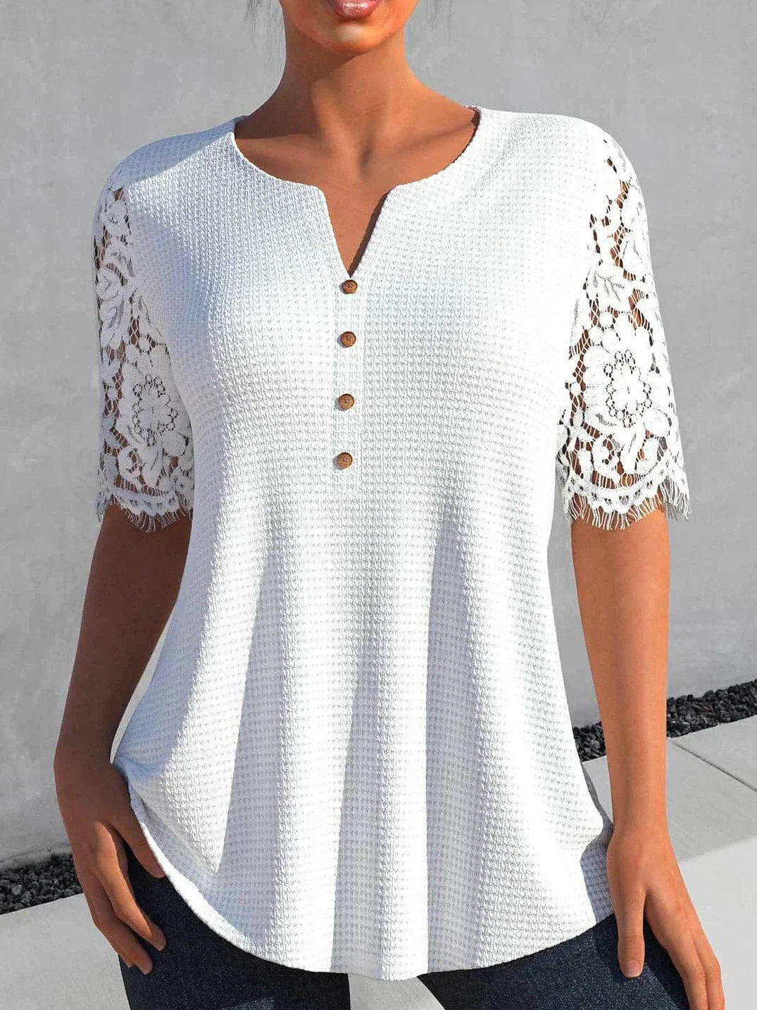 White Green Lace Detail Short Sleeve Casual Blouse