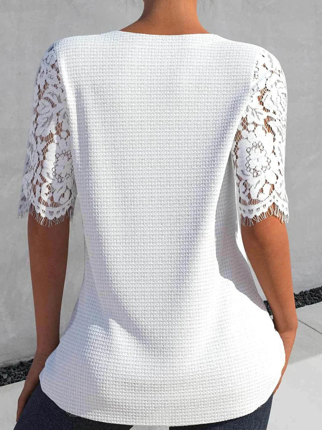 White Green Lace Detail Short Sleeve Casual Blouse