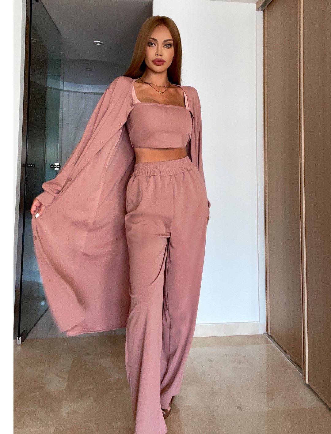 Wide Leg Pants Crop Top and Kimono Set